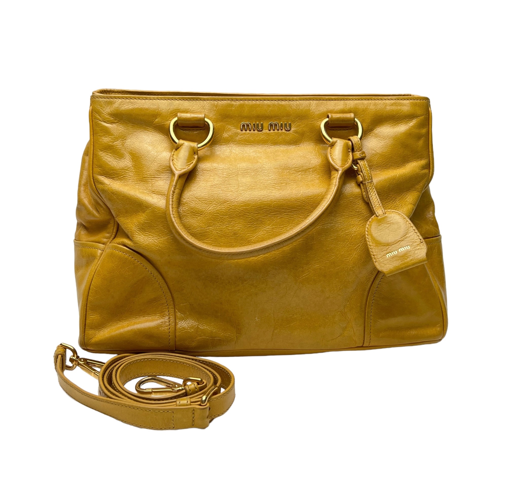 Vitello Shine Yellow Top Handle Bag in Calfskin, Gold hardware