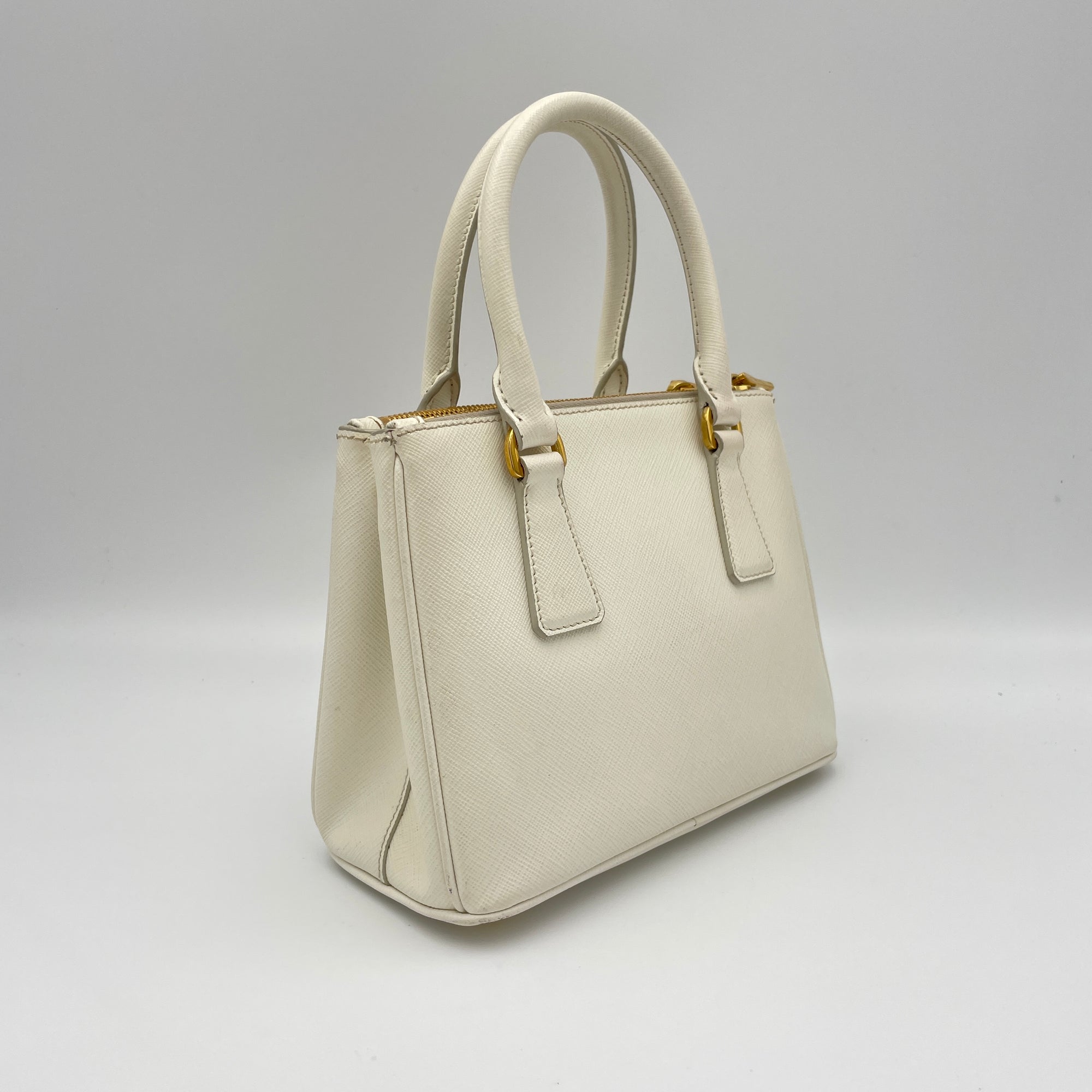 Galleria Mini White Top Handle Bag in Saffiano Leather, Gold hardware