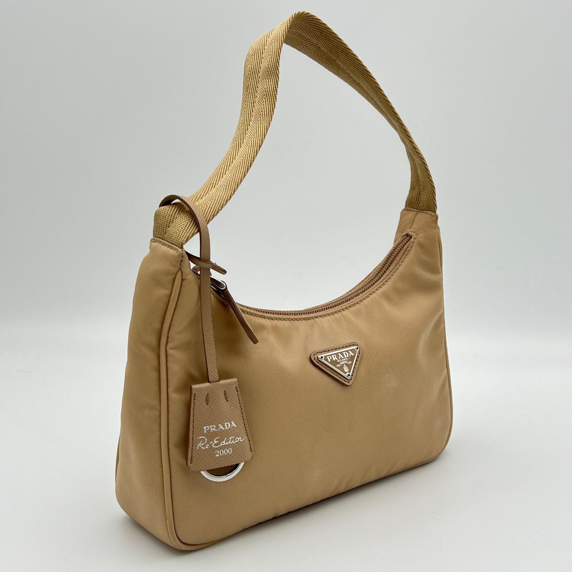 Re-Edition 2000 Beige Shoulder Bag in Re-Nylon, Silver hardware