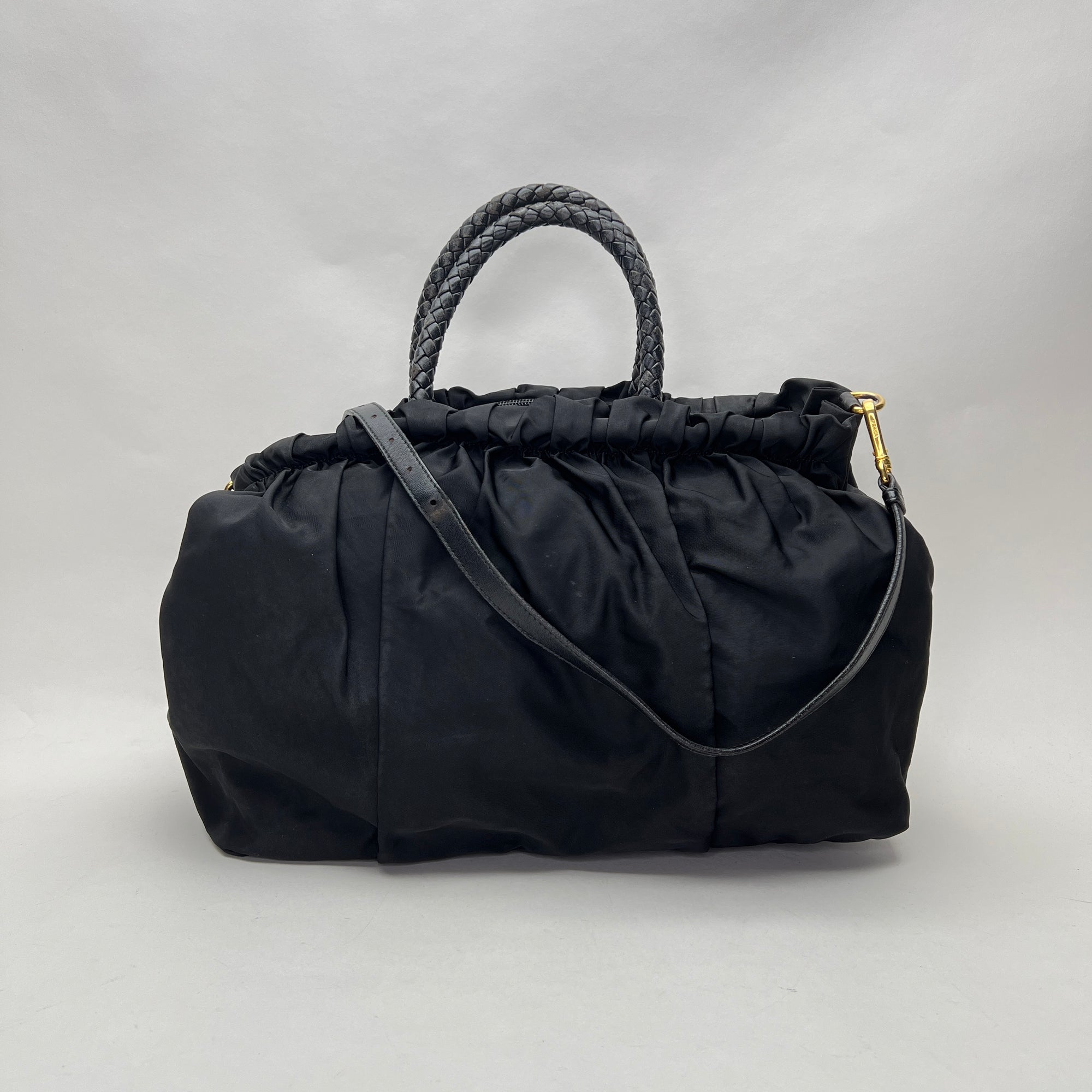 Braided Top Handle Bag Black Top Handle Bag in Nylon, Gold hardware