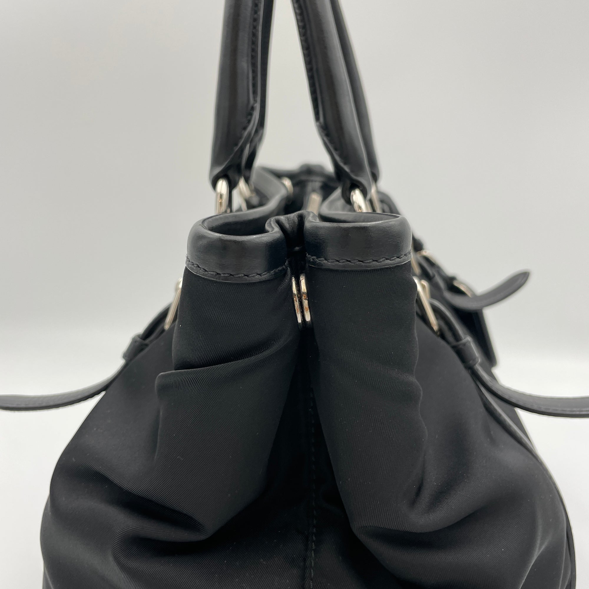 Two-Way Black Top Handle Bag in Nylon, Silver hardware