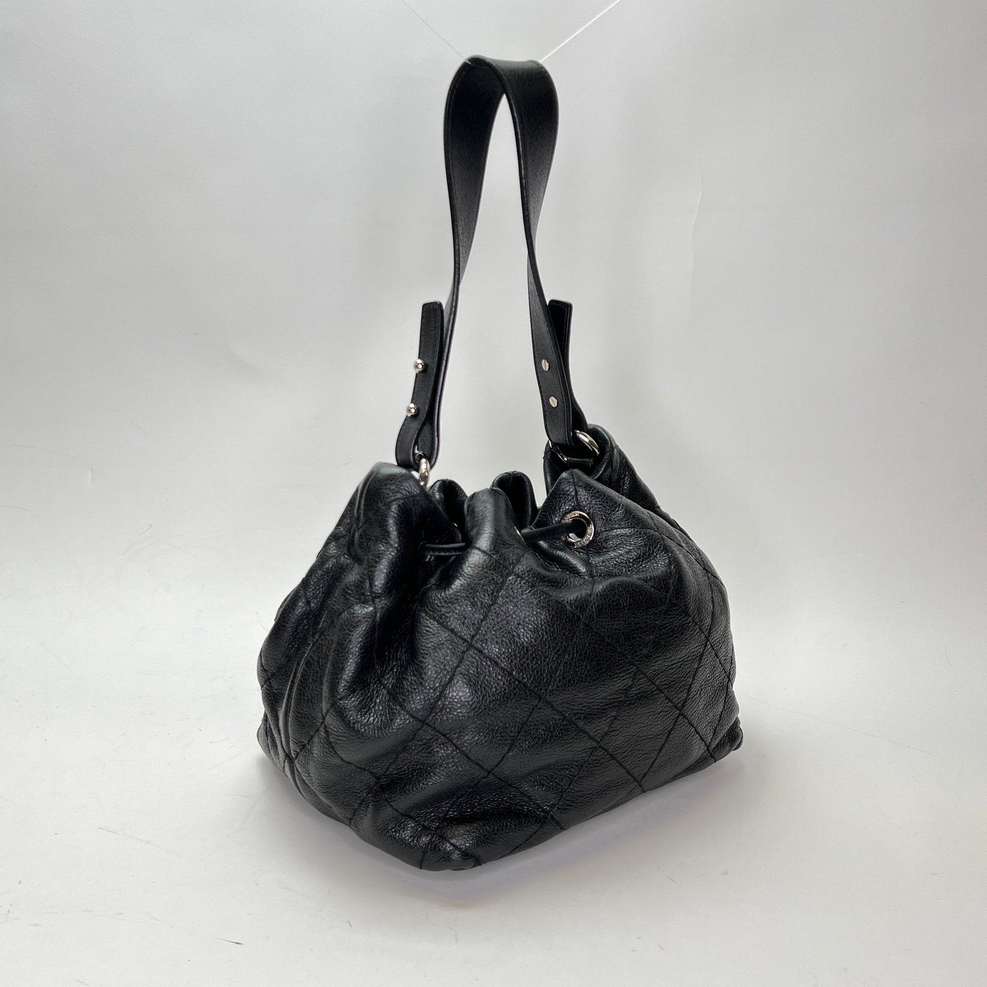 Quilted Drawstring Black Bucket Bag in Calfskin, Silver hardware