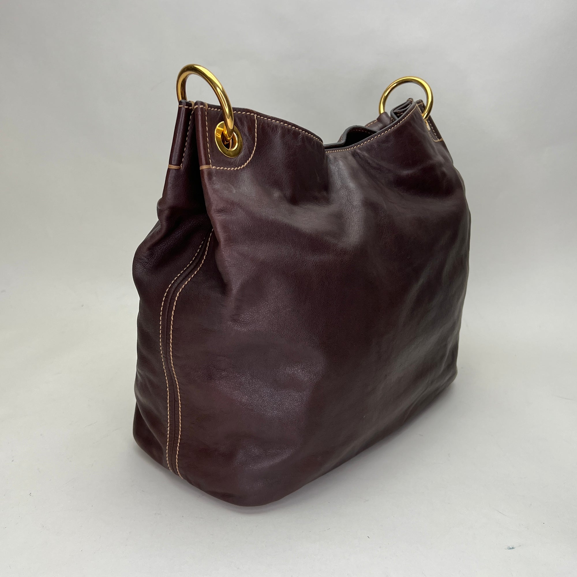 Hobo Brown Shoulder Bag in Calfskin, Gold hardware