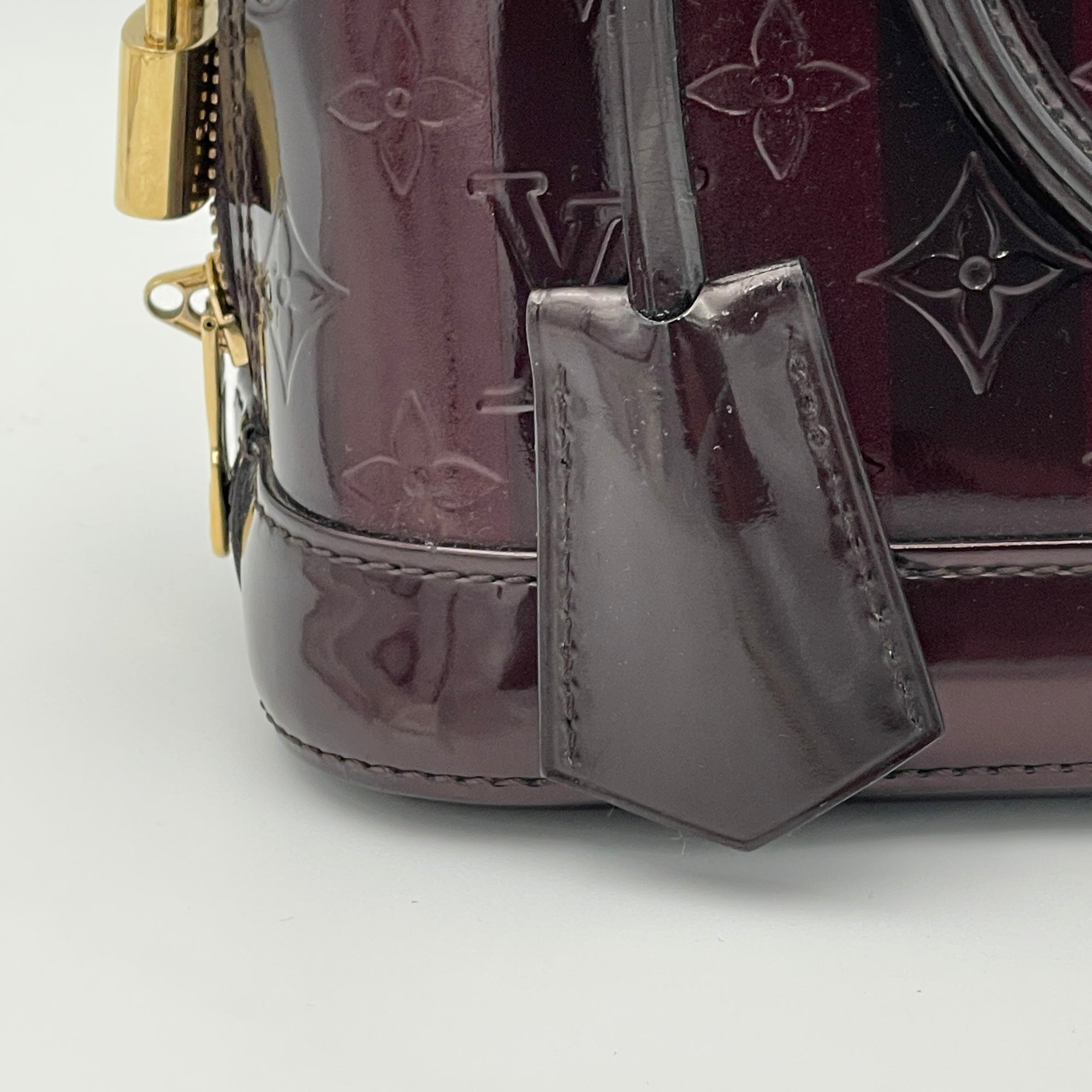 Vernis Alma BB Burgundy Top Handle Bag in Patent Leather, Gold hardware