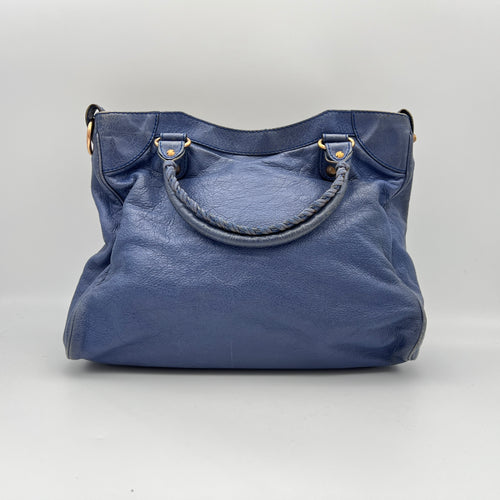 Velo Blue Top Handle Bag in Distressed Leather, Antique Brass hardware