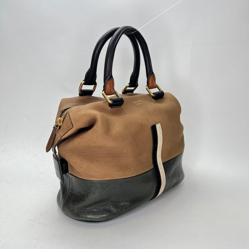 Racer Stripe Boston Brown Top Handle Bag in Calfskin, Gold hardware