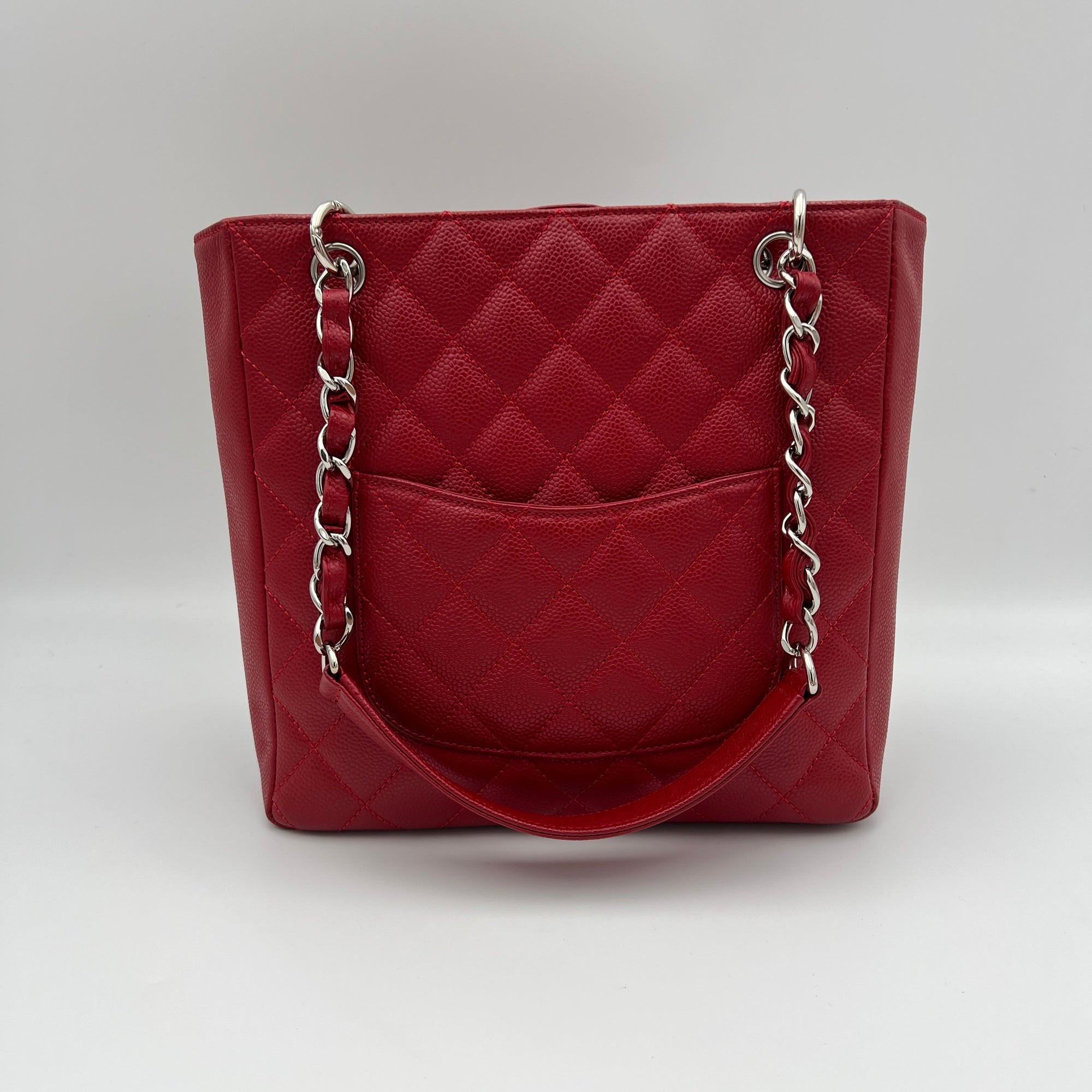 PST Petite Shopping Red Tote Bag in Caviar Leather, Silver hardware