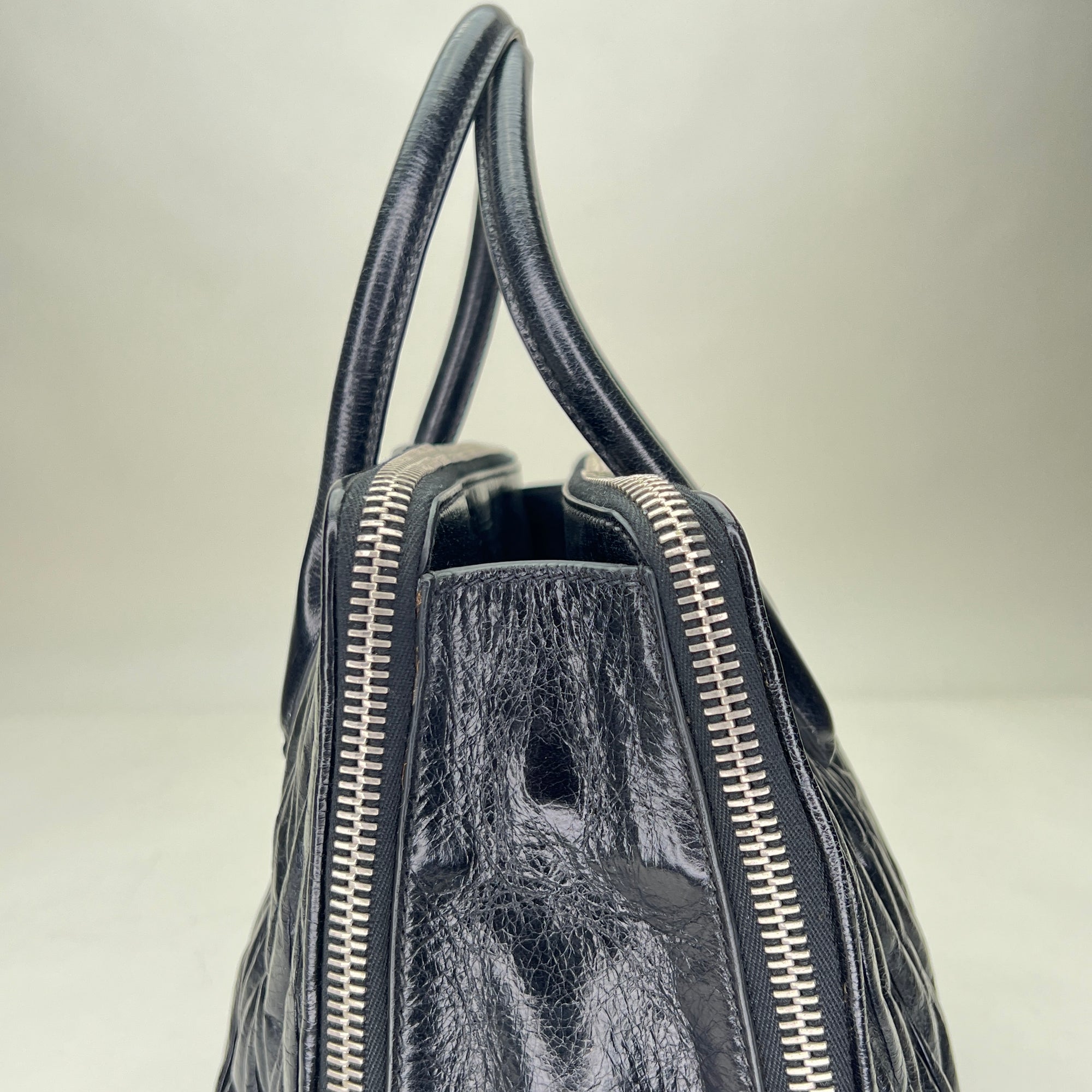 Matelasse Black Top Handle Bag in Distressed Leather, Silver hardware