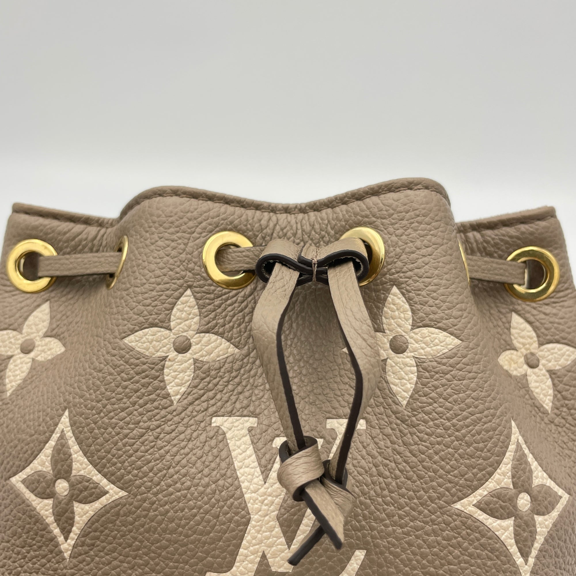 Noe Nano Beige Bucket Bag in Monogram Empreinte Leather, Gold hardware