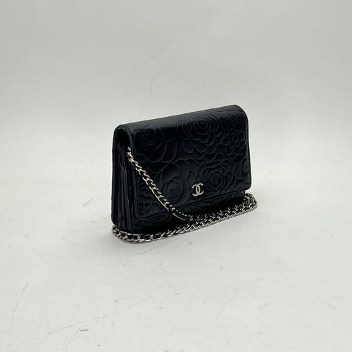 Camellia Black Wallet on Chain in Lambskin, Silver hardware