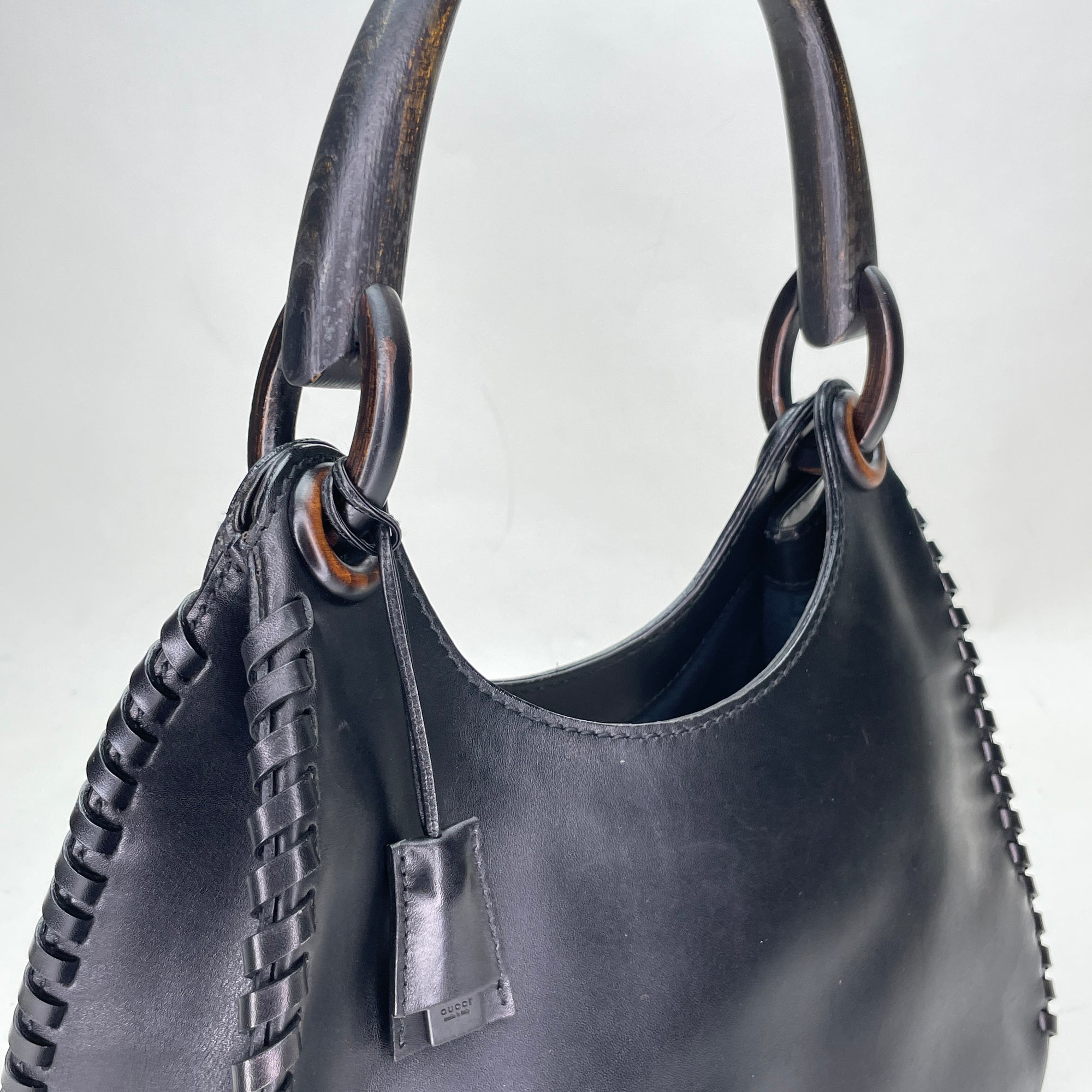 Whipstitch Wooden Handle Hobo Black Shoulder Bag in Calfskin, Lacquered Metal hardware