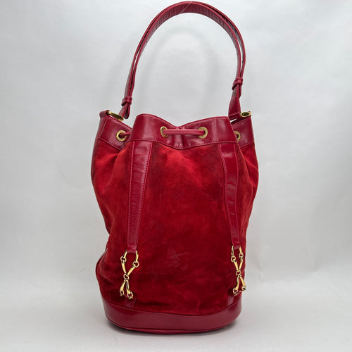 Vintage Red Bucket Bag in Suede Leather, Gold hardware