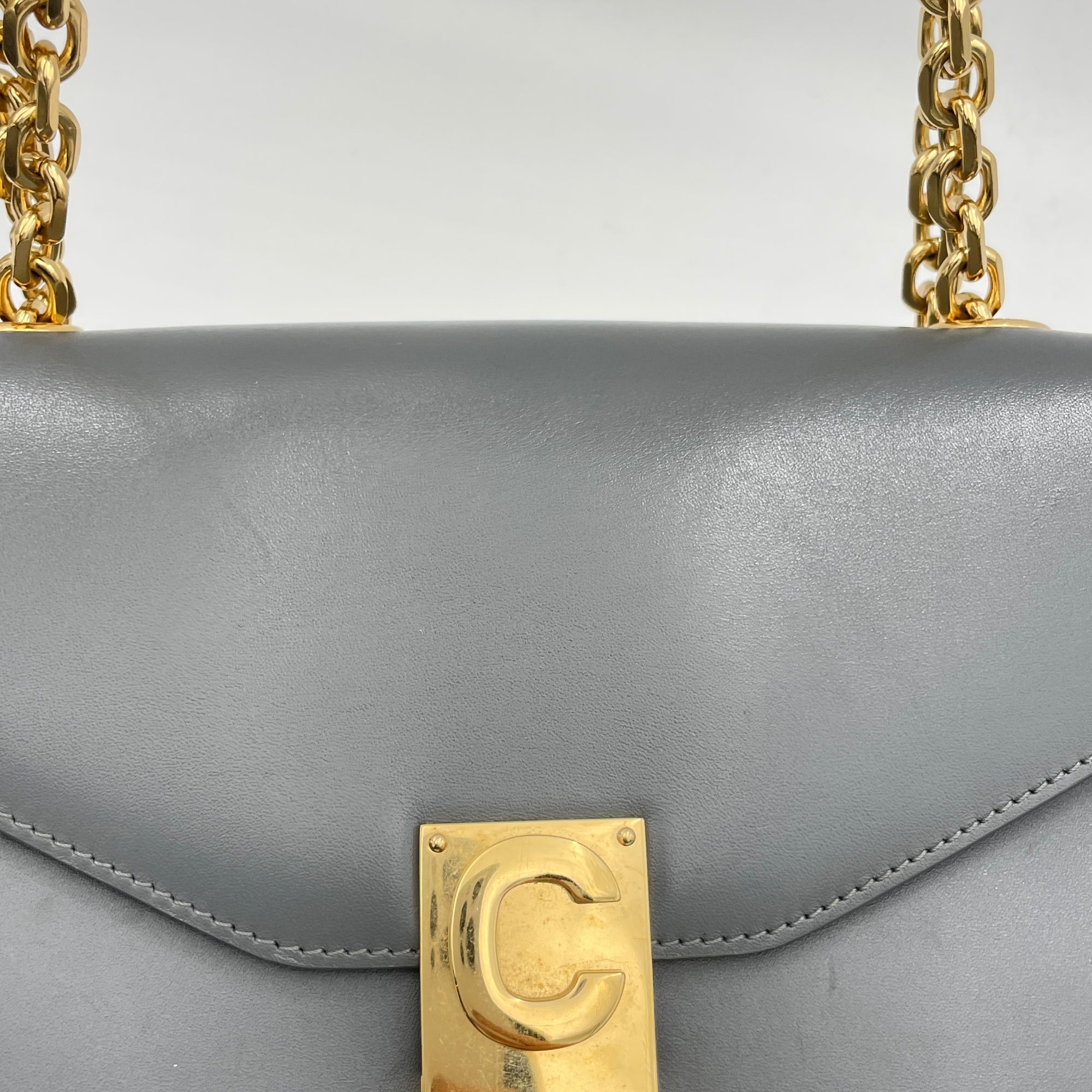 C Charm Grey Shoulder Bag in Calfskin, Gold hardware