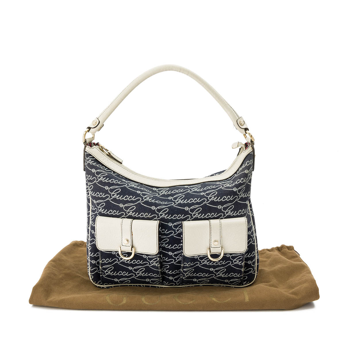 Calligraphy Navy Shoulder Bag in Denim, Light Gold hardware