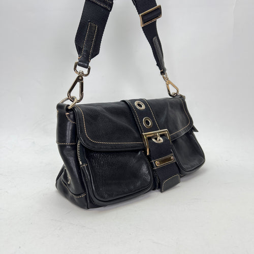 Buckle Flap Black Shoulder Bag in Calfskin, Silver hardware