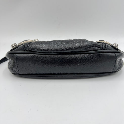 Le Cagole Mini Black Shoulder Bag in Distressed Leather, Silver hardware