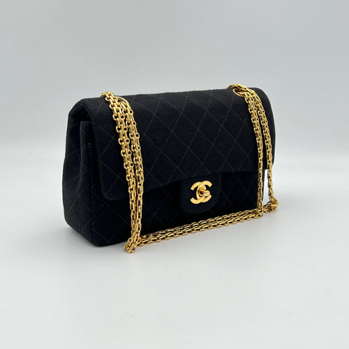 Timeless Classic Flap Small Black Shoulder Bag in Jersey, Gold hardware