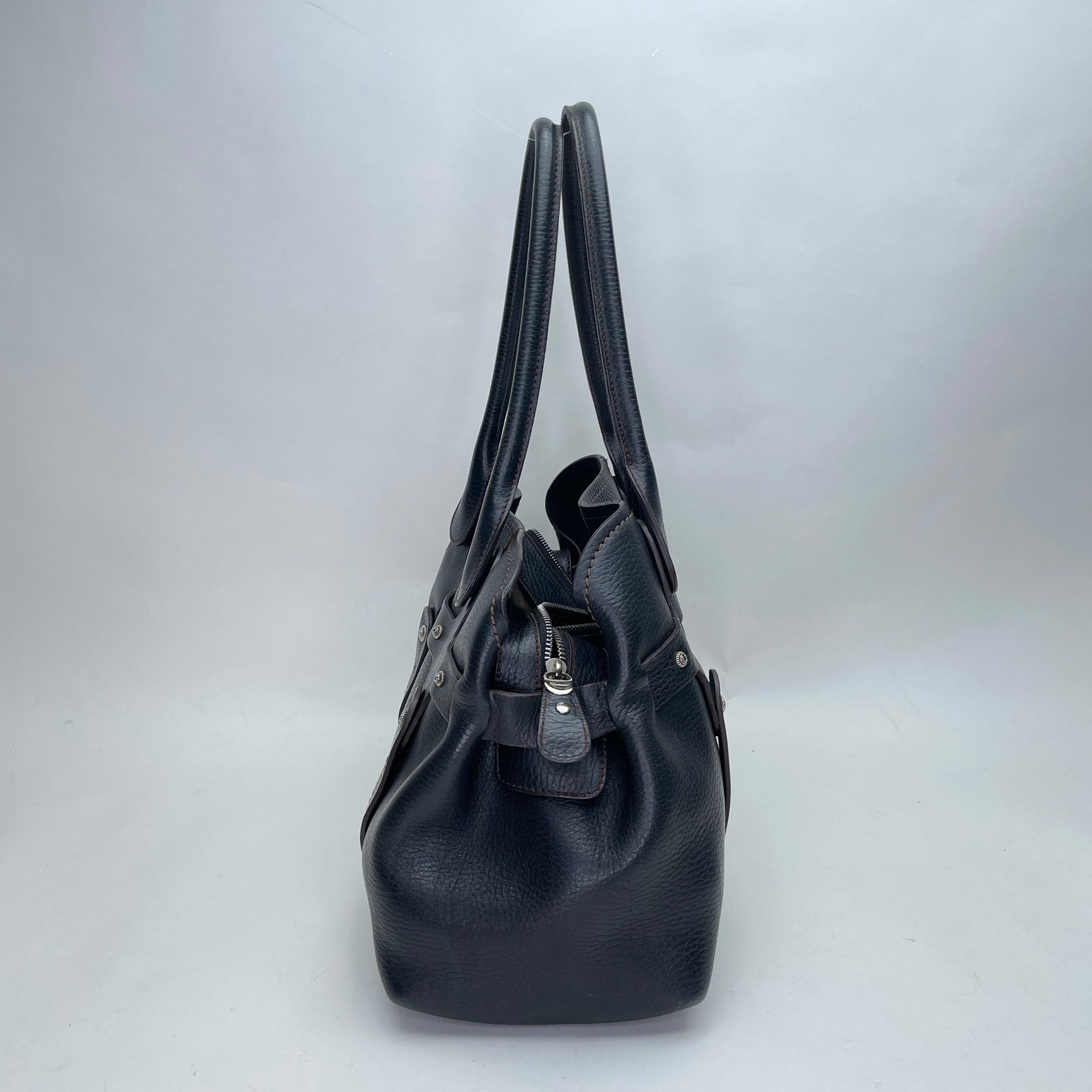 Shoulder Black Top Handle Bag in Calfskin, Silver hardware