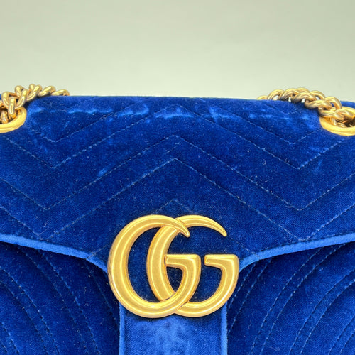 Marmont Small Blue Shoulder Bag in Velvet, Gold hardware