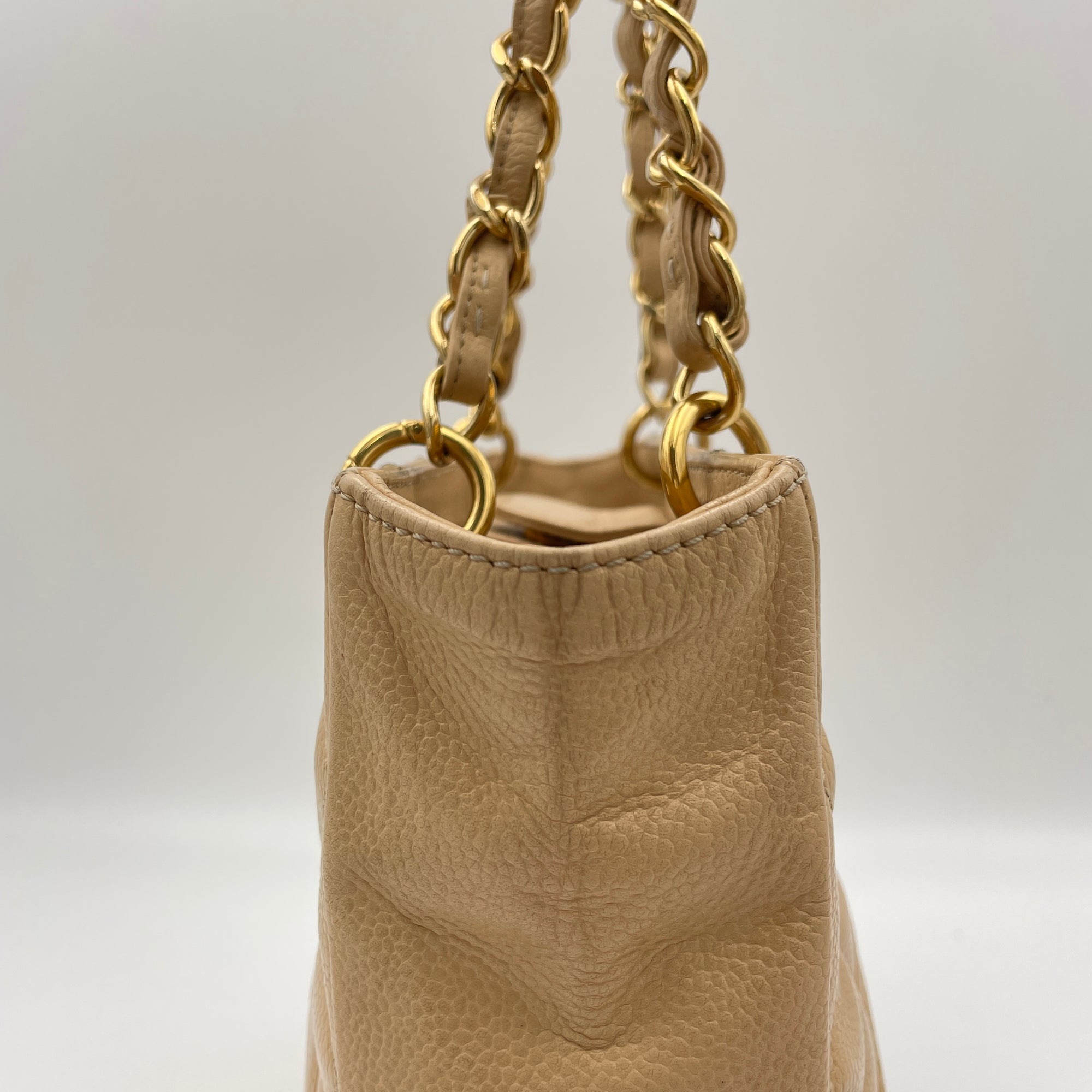 Pst Petite Beige Tote Bag in Caviar Leather, Gold hardware