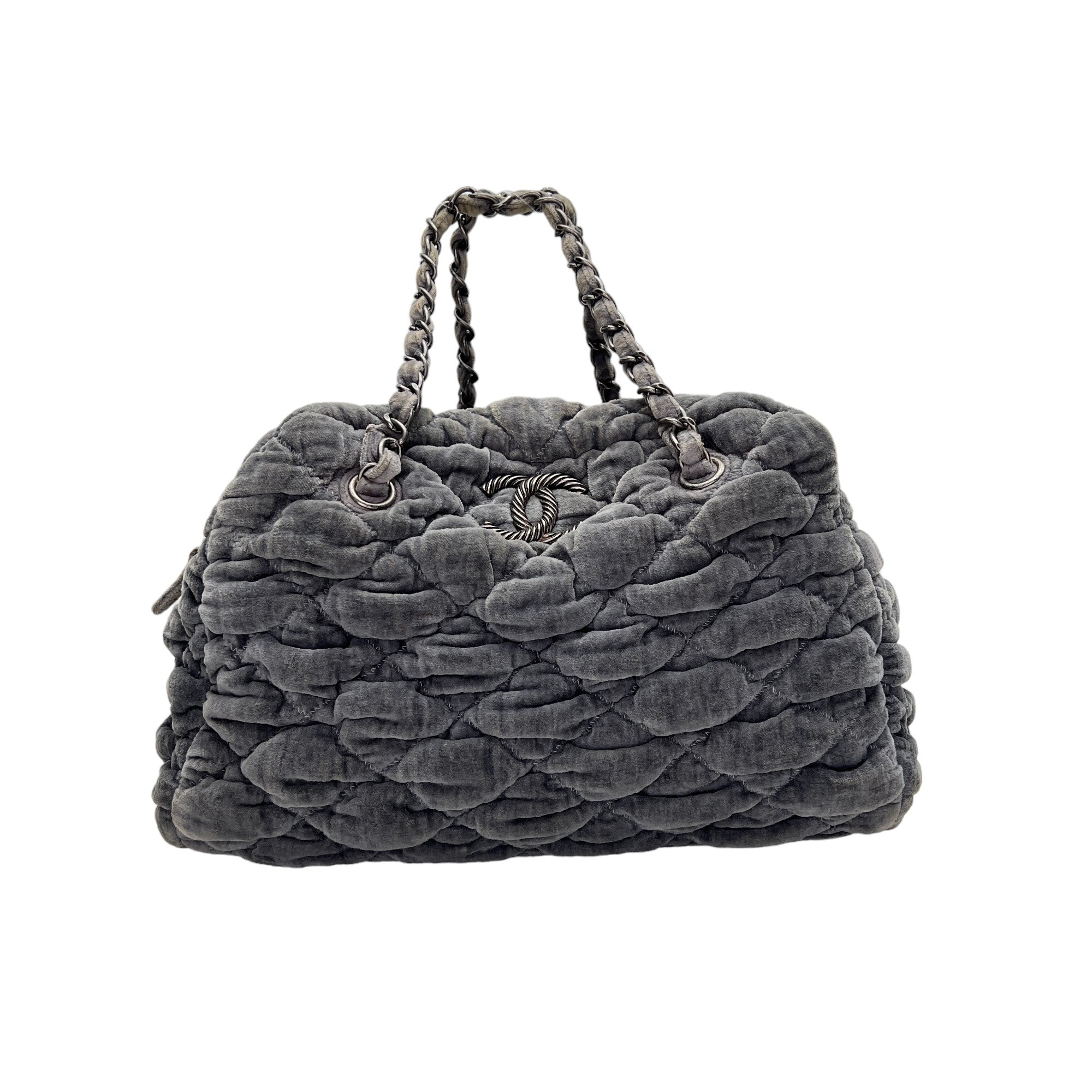 Quilted Grey Shoulder Bag in Velvet, Silver hardware