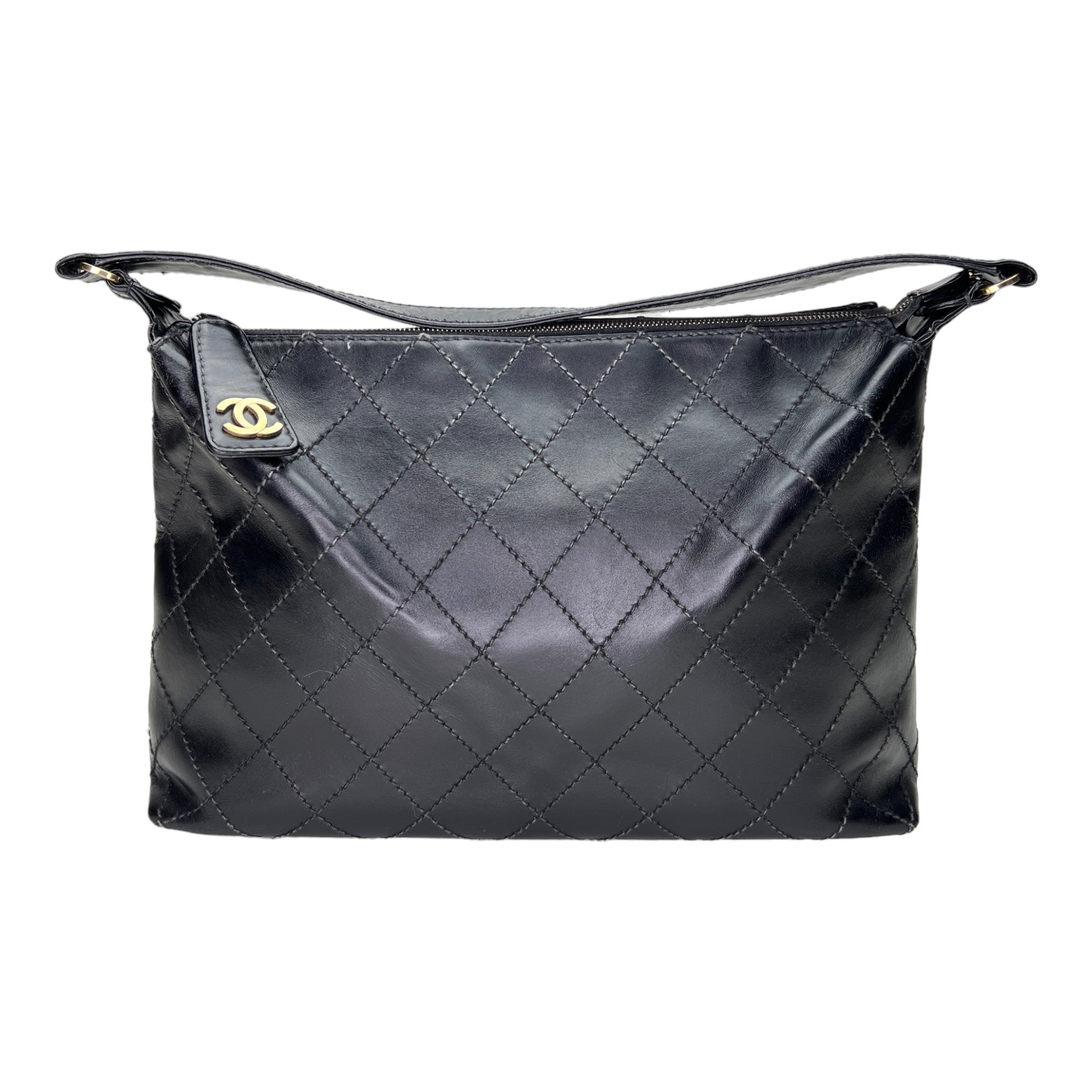 Stitches Black Shoulder Bag in Calfskin, Gold hardware