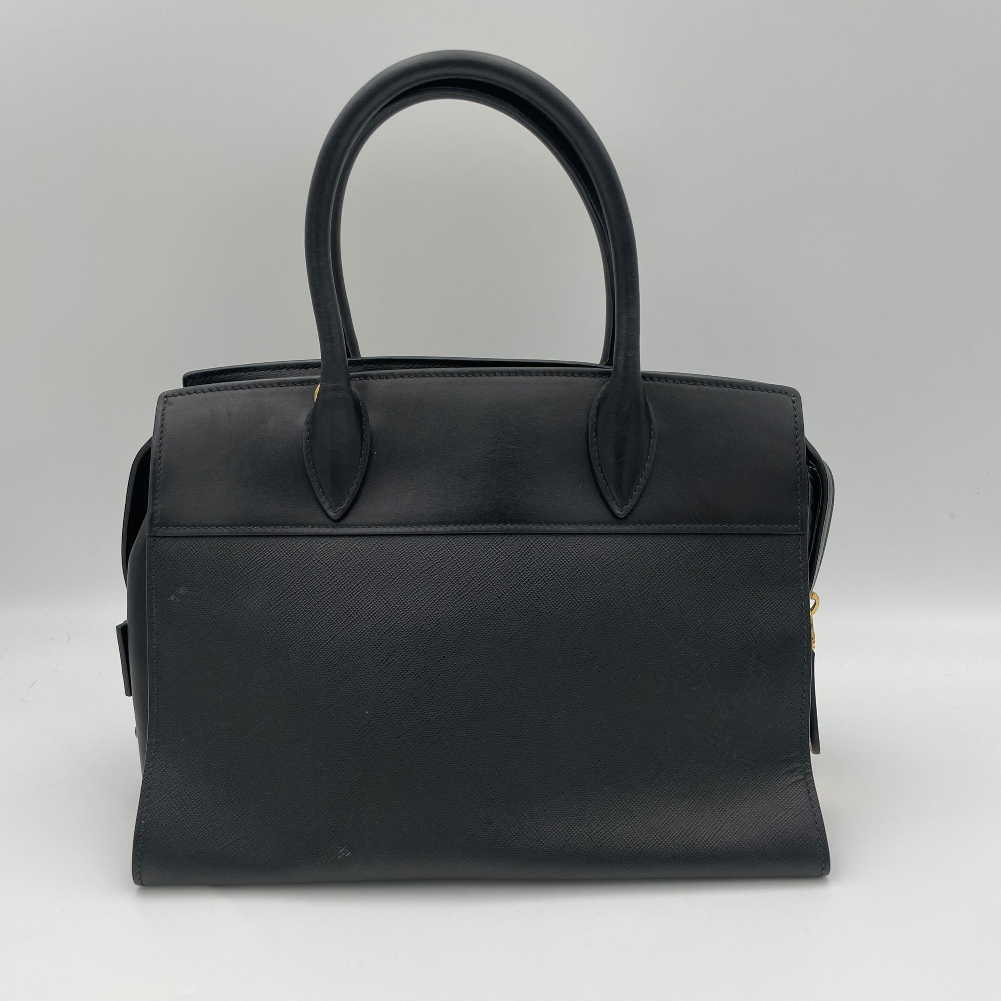 Esplanade Black Top Handle Bag in Saffiano Leather, Gold hardware