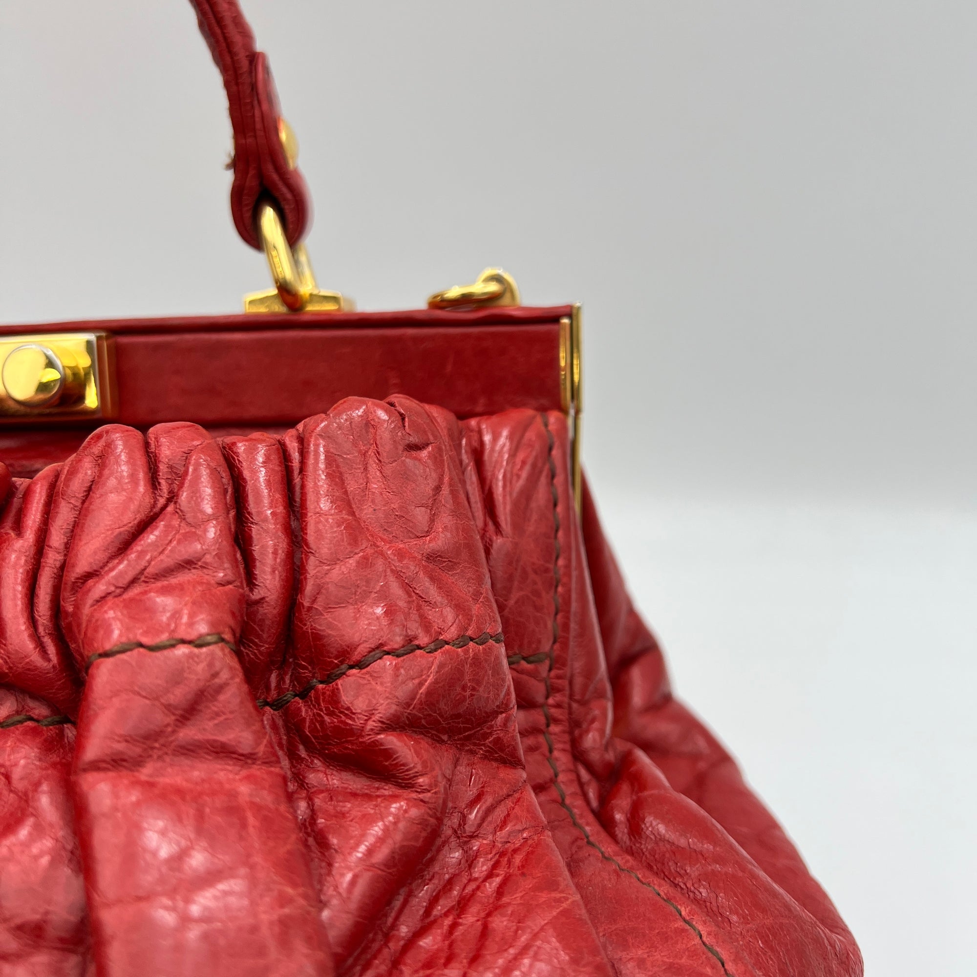 Vitello Lux Frame Red Top Handle Bag in Distressed Leather, Gold hardware