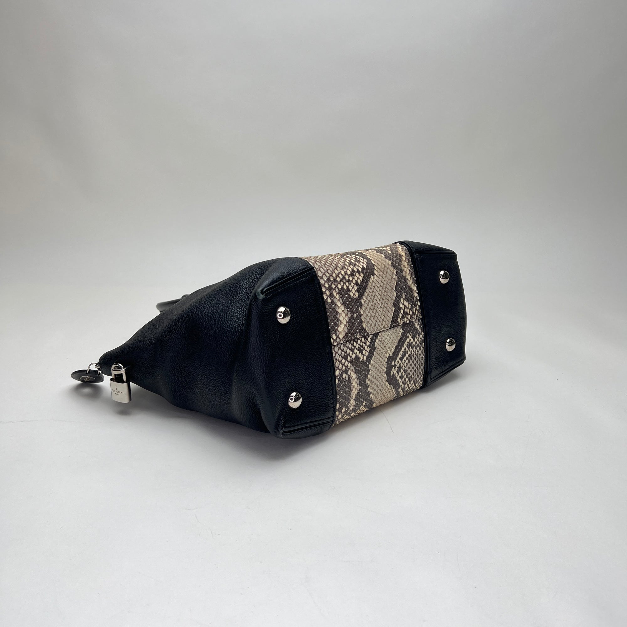 LockIt PM Black Top Handle Bag in Python Leather, Silver hardware