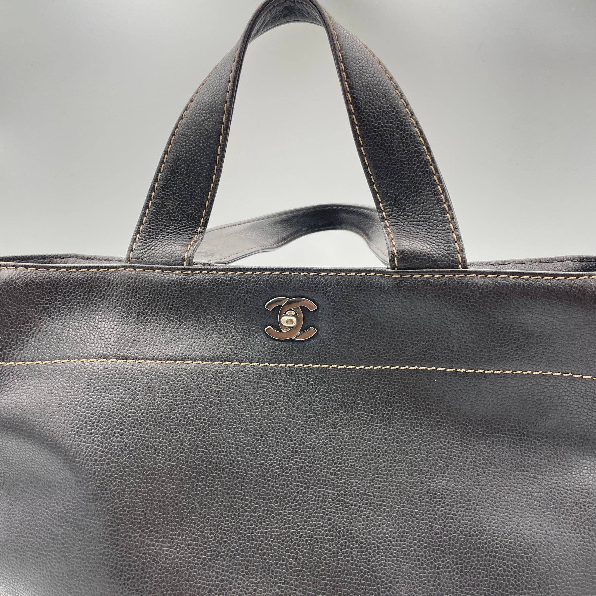 CC 2Way Tote Bag Brown Top Handle Bag in Caviar Leather, Silver hardware