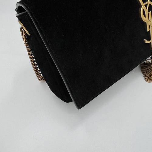 Kate Black Shoulder Bag in Suede Leather, Gold hardware