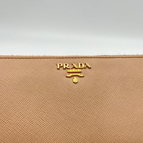 Logo Long Beige Wallet in Saffiano Leather, Gold hardware