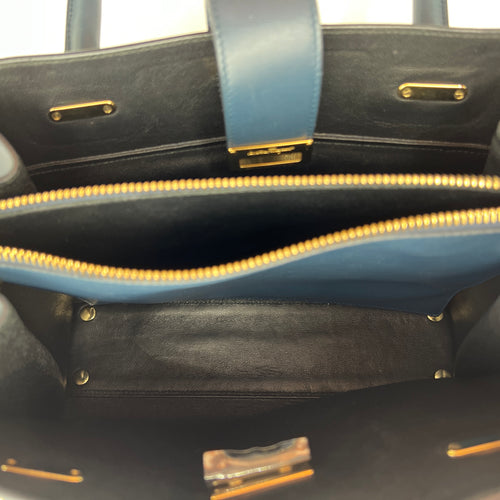 Gancini Navy Top Handle Bag in Calfskin, Gold hardware