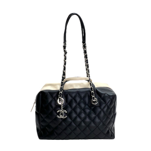 Quilted Feather Weight Bowling Black Top Handle Bag in Calfskin, Silver hardware