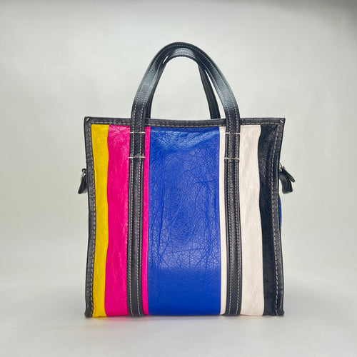 Bazar Shopper Tote Small Multi-colour Top Handle Bag in Distressed Leather, Silver hardware