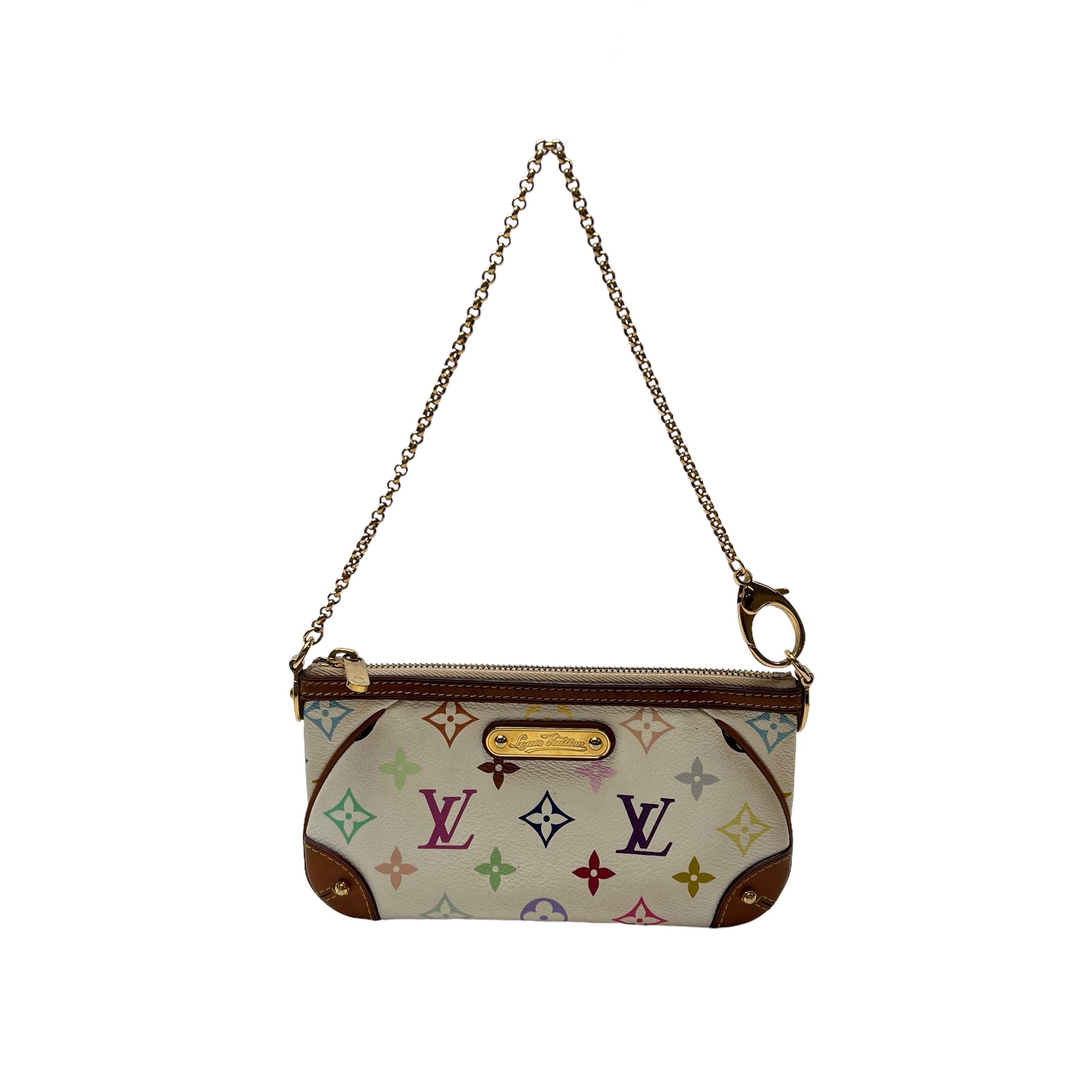 Milla Pochette MM White Shoulder Bag in Monogram Coated Canvas, Gold hardware