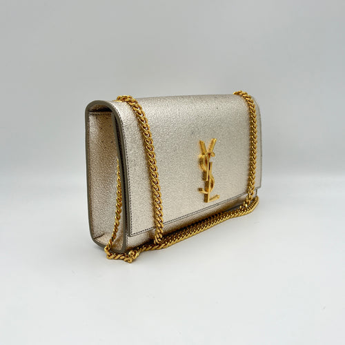 Kate Medium Silver Crossbody Bag in Calfskin, Gold hardware