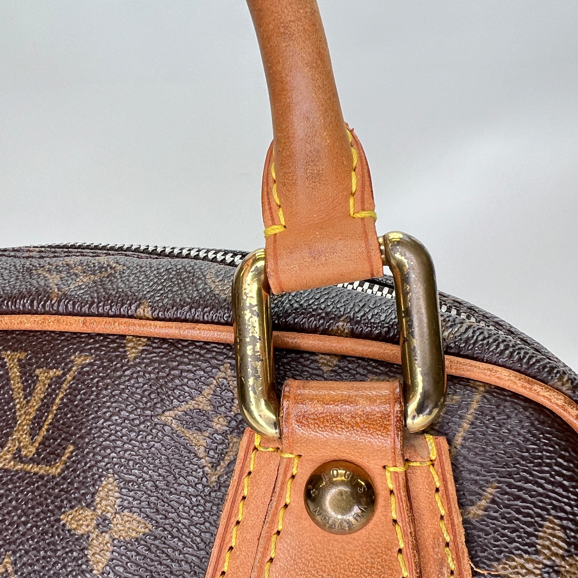 Manhattan PM Brown Top Handle Bag in Monogram Coated Canvas, Gold hardware