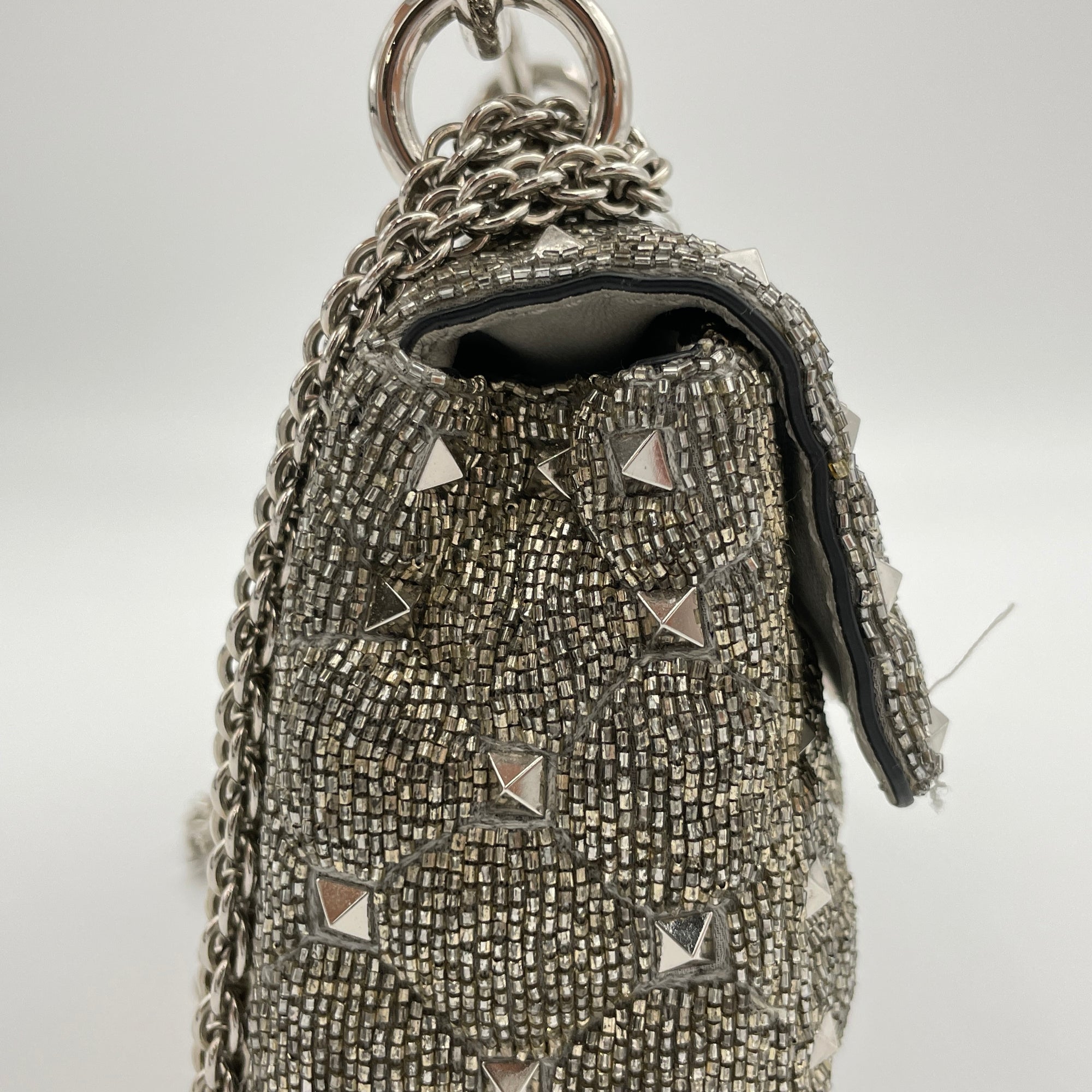 Rockstud Spike Micro Silver Crossbody Bag in Beaded Canvas, Silver hardware