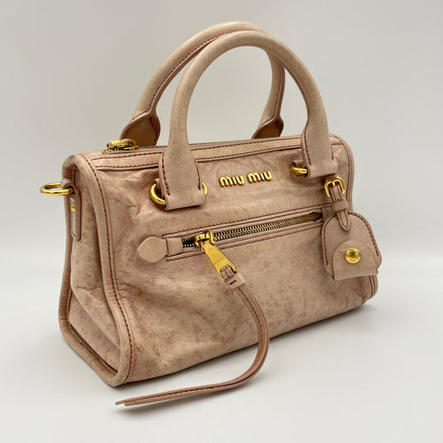 Vitello Shine Bauletto Satchel Pink Top Handle Bag in Distressed Leather, Gold hardware