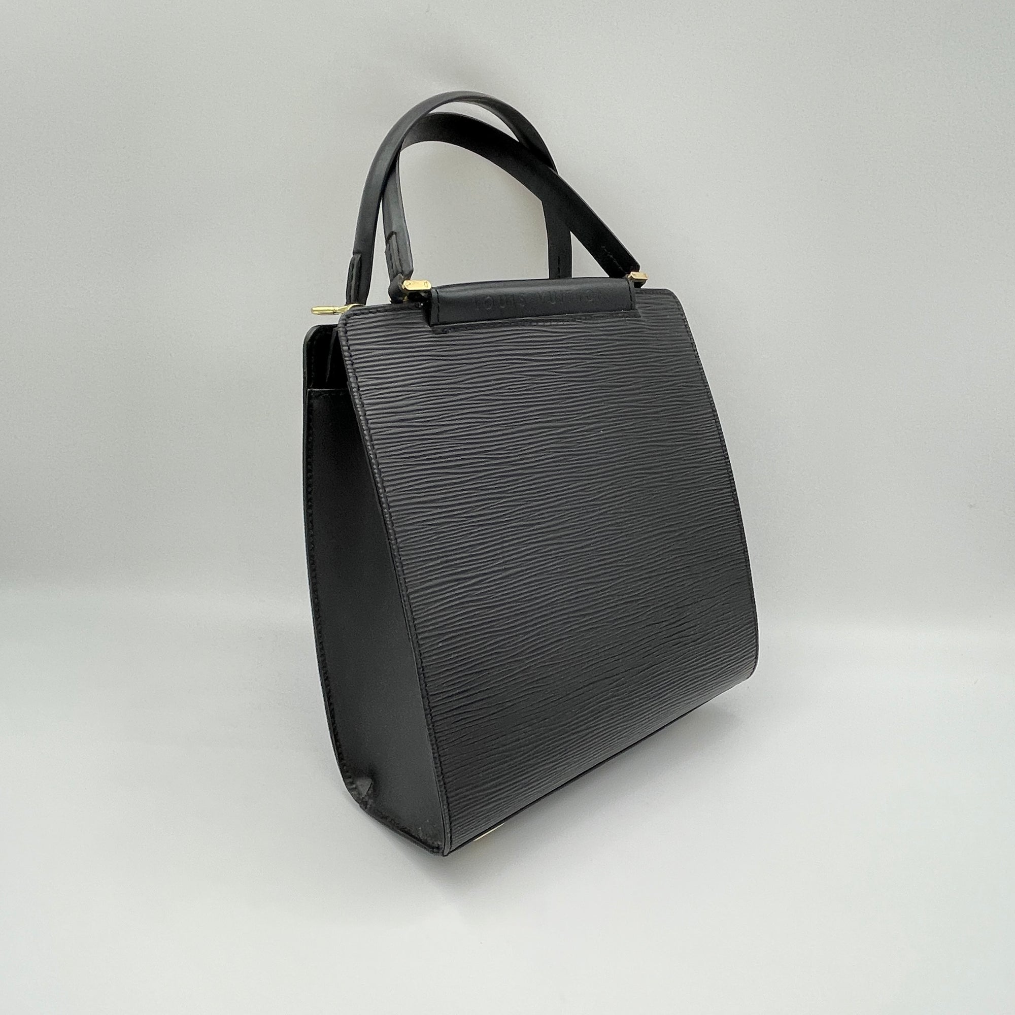 Figari PM Black Top Handle Bag in Epi Leather, Gold hardware