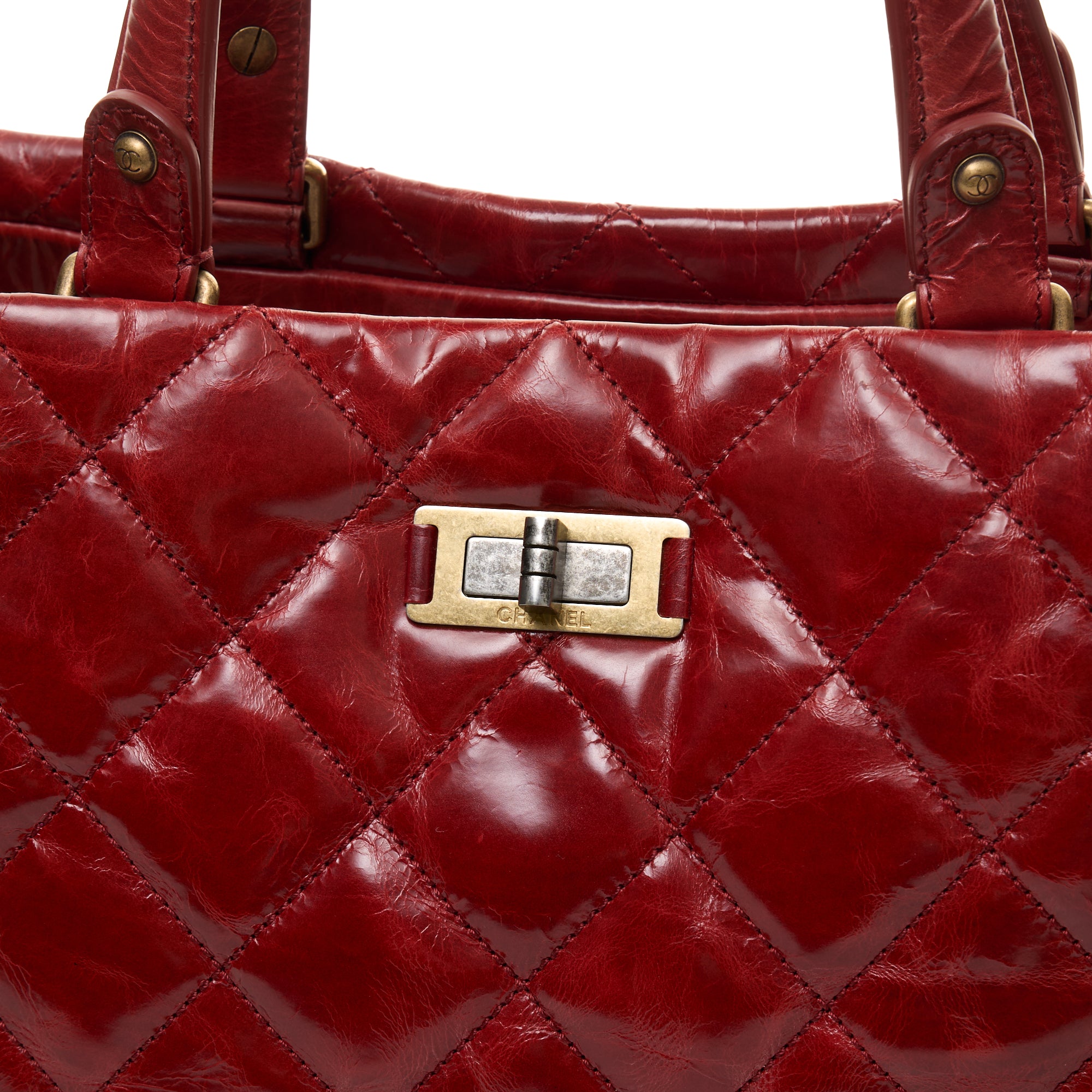 Quilted Red Top Handle Bag in Patent Leather, Gold hardware