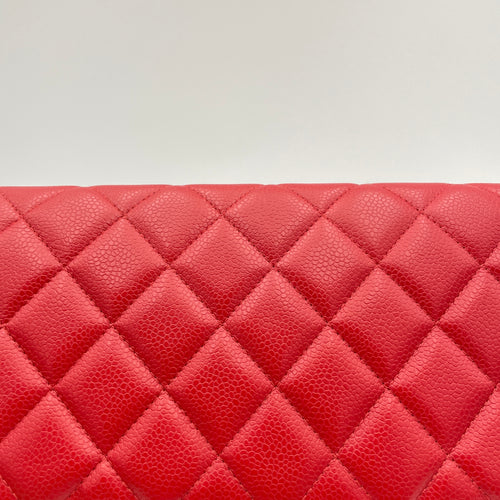 Quilted Chain Red Clutch in Caviar Leather, Silver hardware