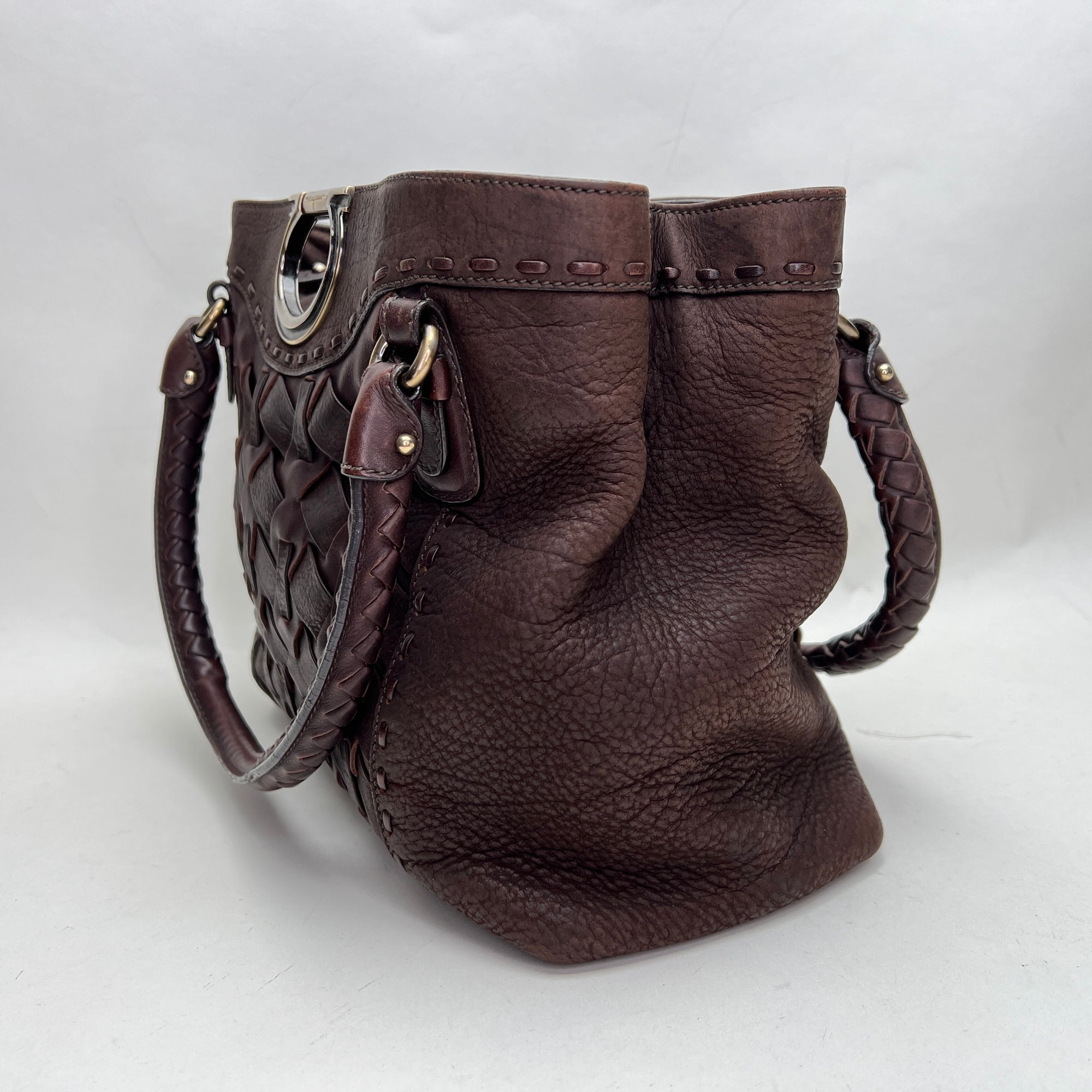 Woven Brown Top Handle Bag in Calfskin, Antique Brass hardware