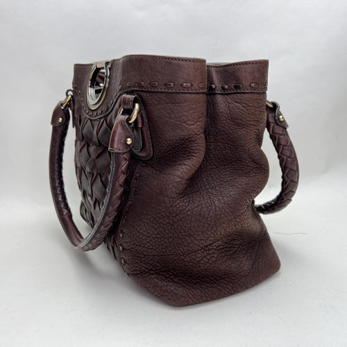 Woven Brown Top Handle Bag in Calfskin, Antique Brass hardware