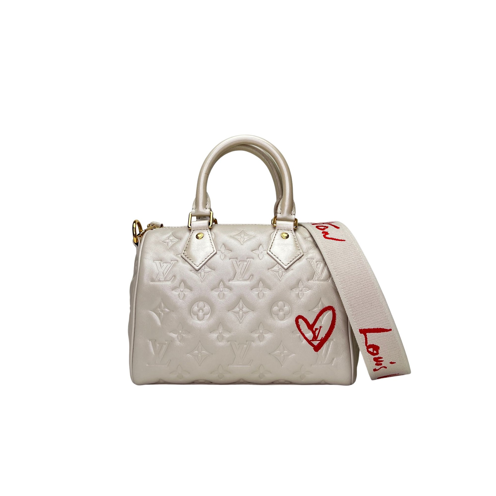 Speedy Valentines Day 22 White Top Handle Bag in Monogram Empreinte Leather, Gold hardware