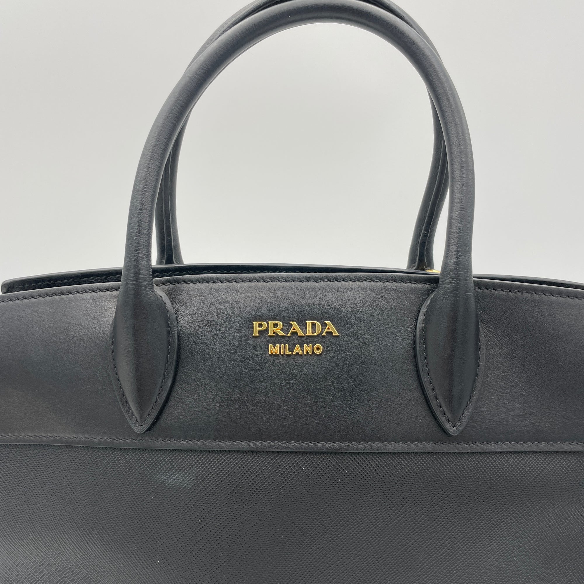 Esplanade Black Top Handle Bag in Saffiano Leather, Gold hardware