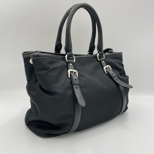 Two-Way Black Top Handle Bag in Nylon, Silver hardware