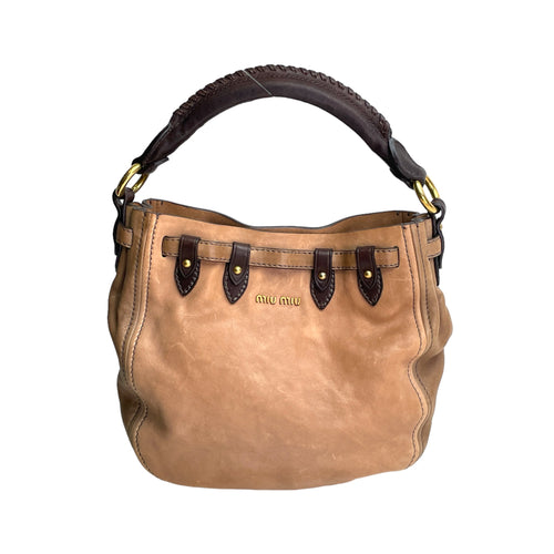 Two Way Bucket Brown Crossbody Bag in Calfskin, Gold hardware