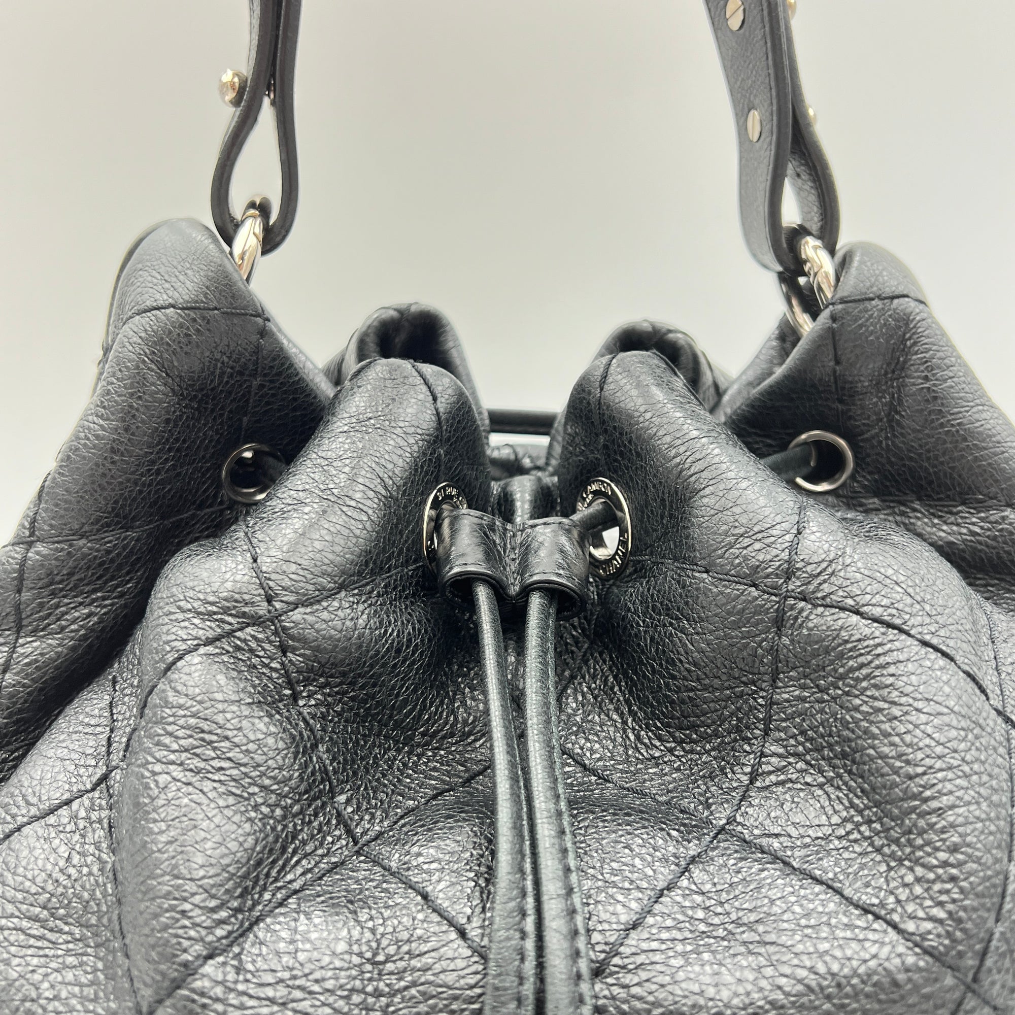 Quilted Drawstring Black Bucket Bag in Calfskin, Silver hardware